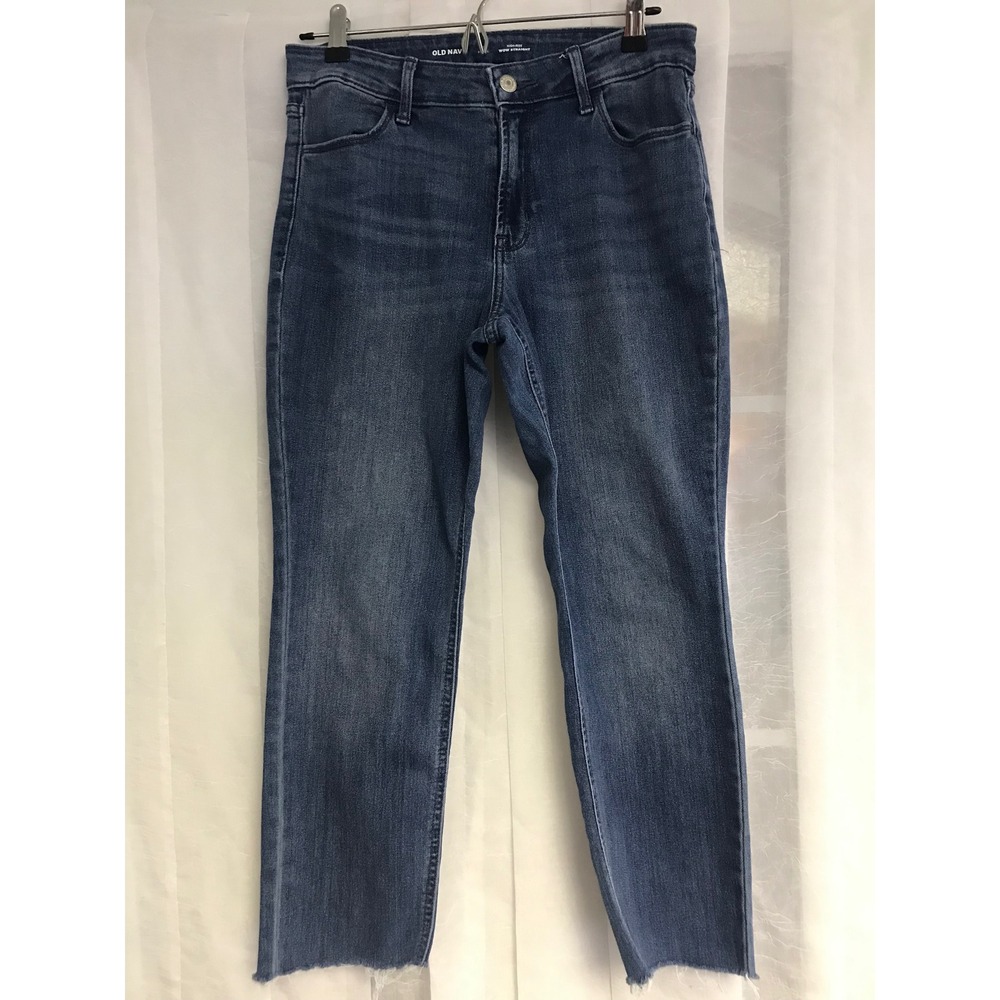 Old Navy High Rise Wow Straight Jeans 6 Petite Medium Wash Raw Hem Blue Denim